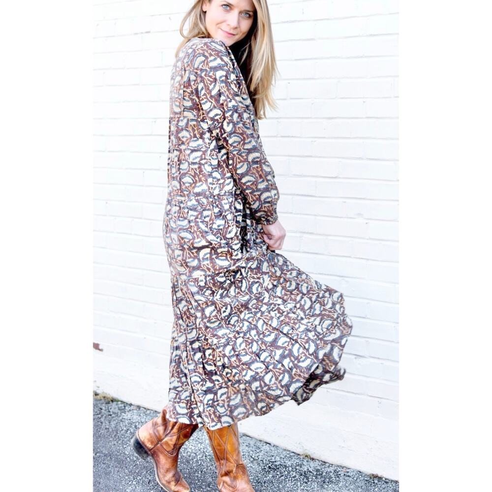 Maleu Washed Cotton Block Print Burgundy Floral Tiered Maxi Dress S - Picture 4 of 8
